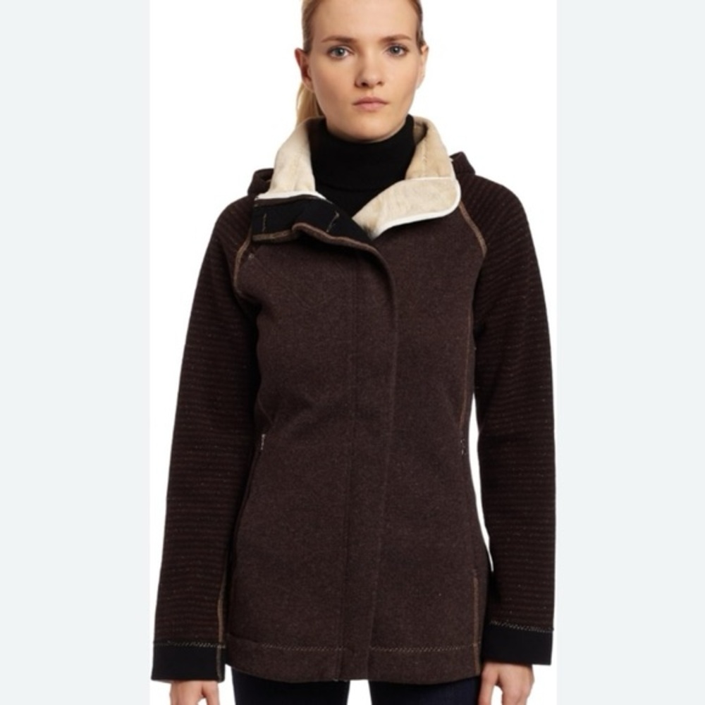 Prana Brown Striped Fleece Lined Double Zipper Coat - Size Small